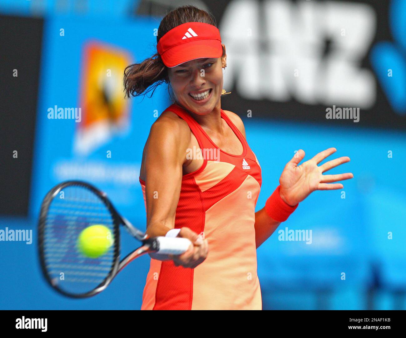 Serbia's Ana Ivanovic hits a forehand return to Vania King of the US