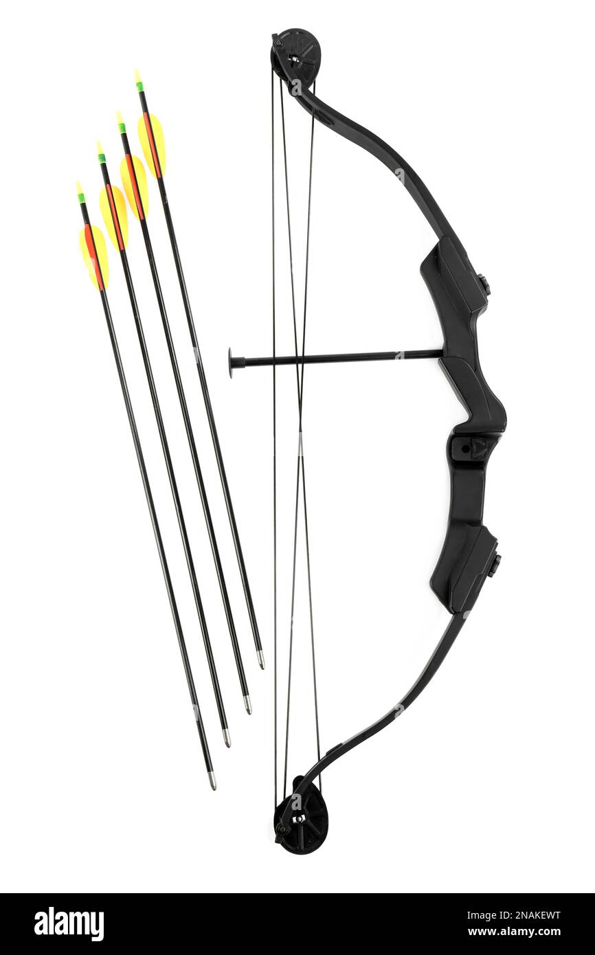 Arco negro y flechas de plástico sobre fondo blanco, vista superior. Equipo  deportivo de tiro con arco Fotografía de stock - Alamy