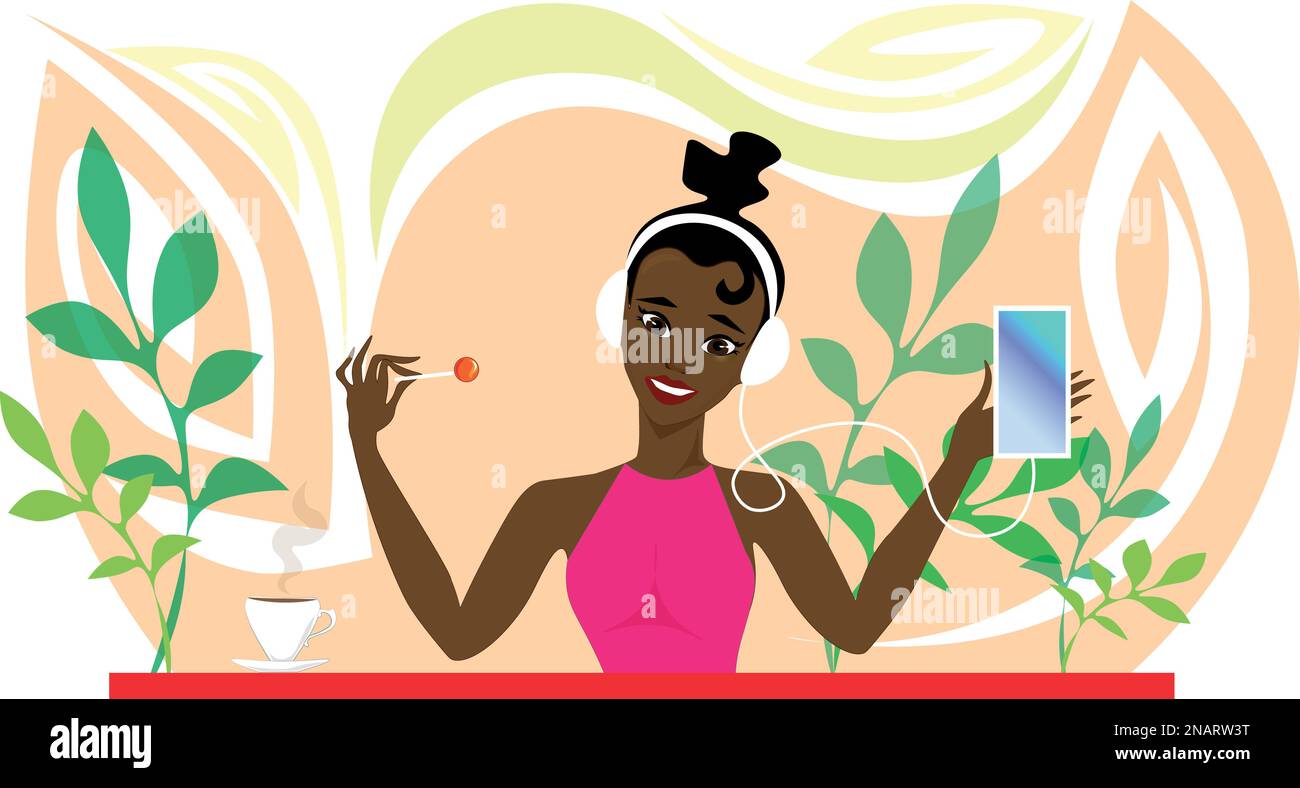 Una hermosa mujer afroamericana escucha música en auriculares blancos mientras sostiene su teléfono y una piruleta en un palo. Ilustración del Vector