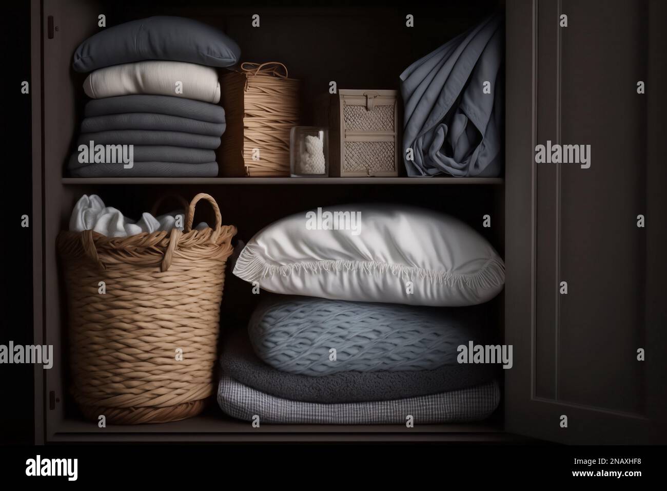 ropa de cama bien doblada en el armario. creado utilizando inteligencia artificial Fotografía de