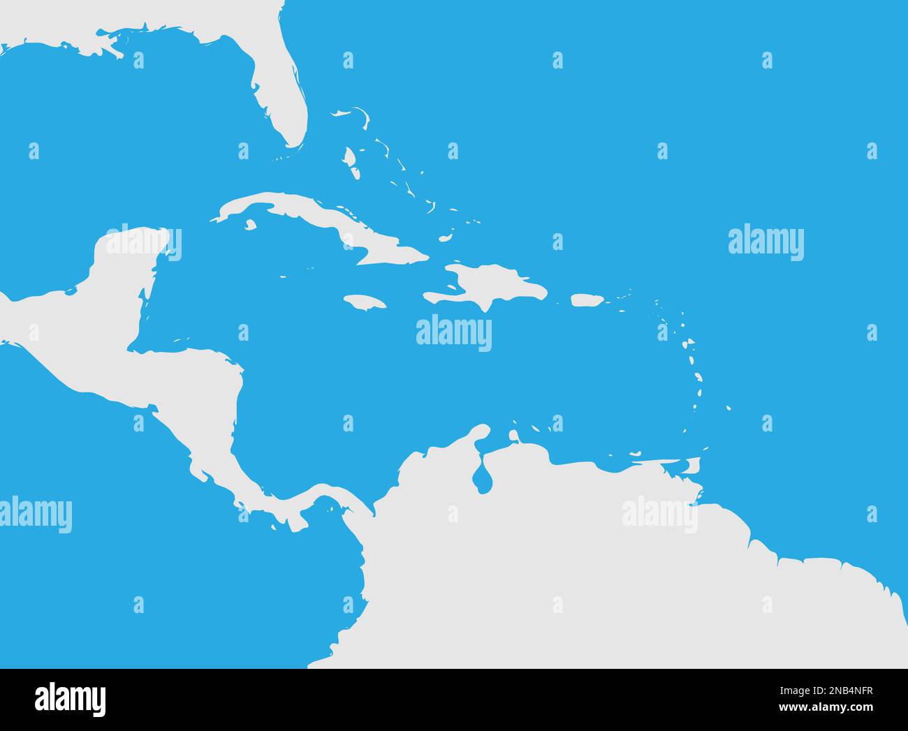 Mapa de la región del Caribe y América Central. Silueta de tierra gris y fondo de agua azul. Ilustración vectorial plana simple. Ilustración del Vector