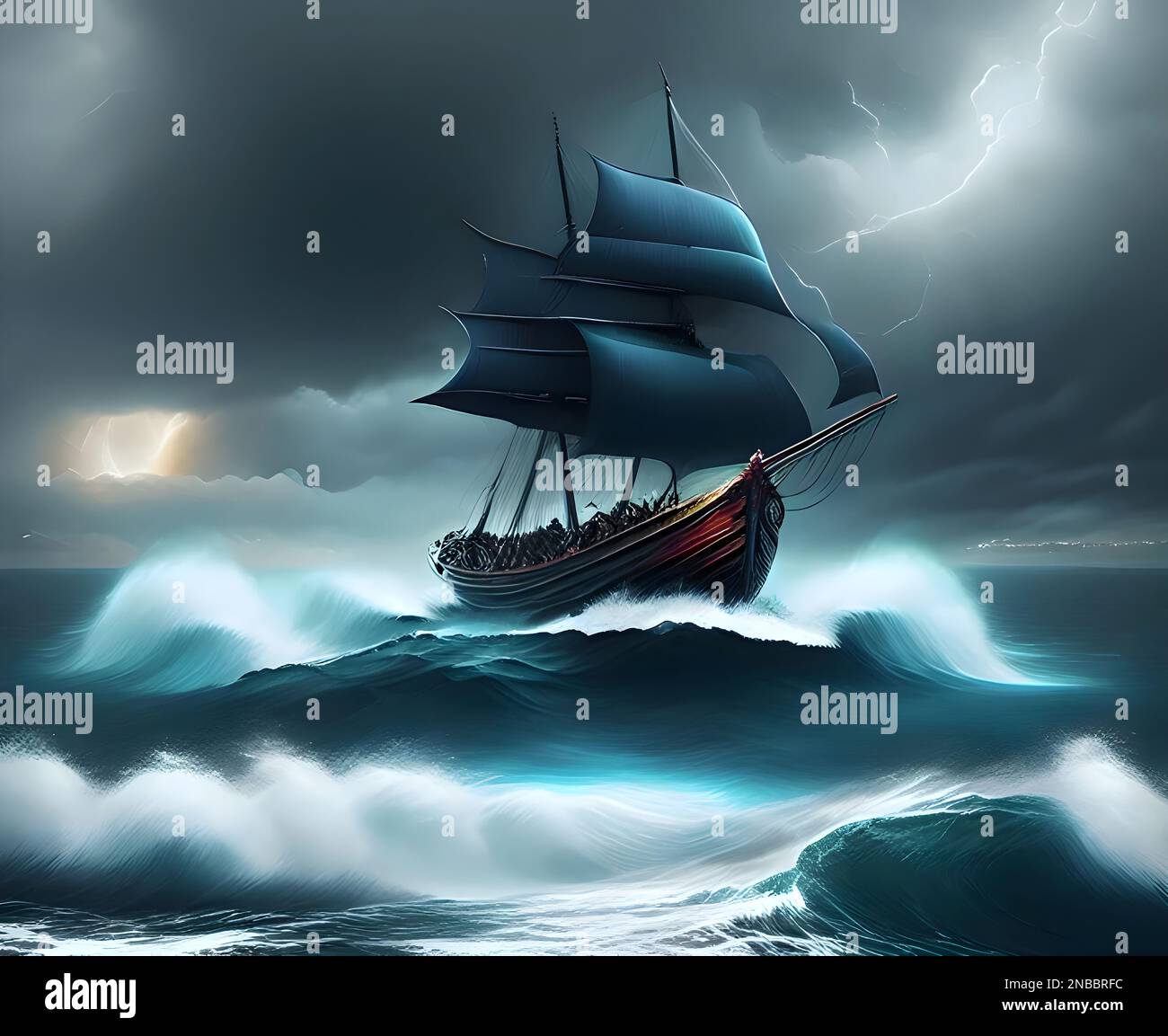 la inteligencia artificial generó la imagen del barco en medio de la  dramática tormenta oceánica Fotografía de stock - Alamy