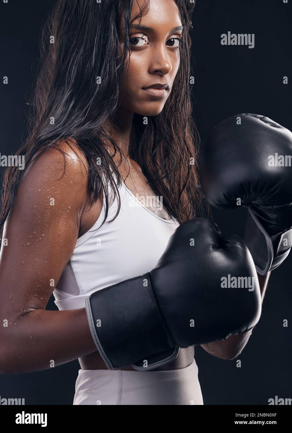 Campeón boxeador, mujer y retrato sobre fondo negro para deportes, enfoque fuerte o entrenamiento mma. Boxeo femenino, guantes y pelea de puño en estudio Foto de stock