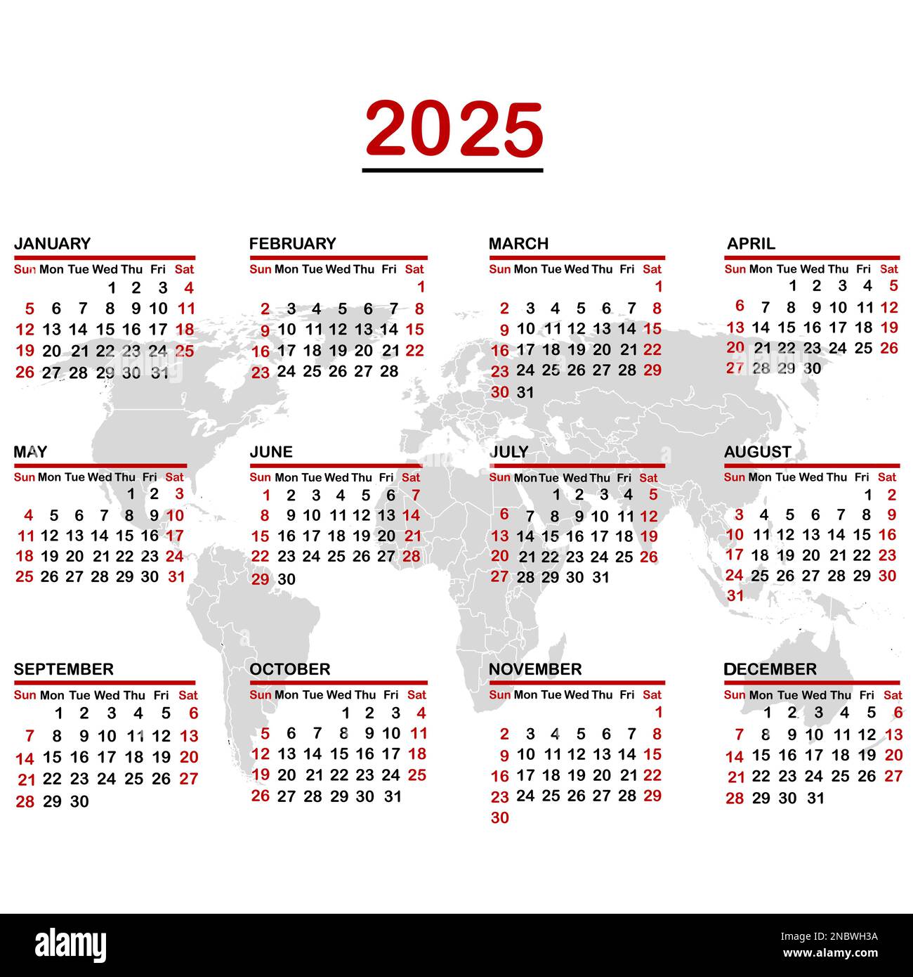 calendario 2025 con mapa del mundo Imagen Vector de stock Alamy