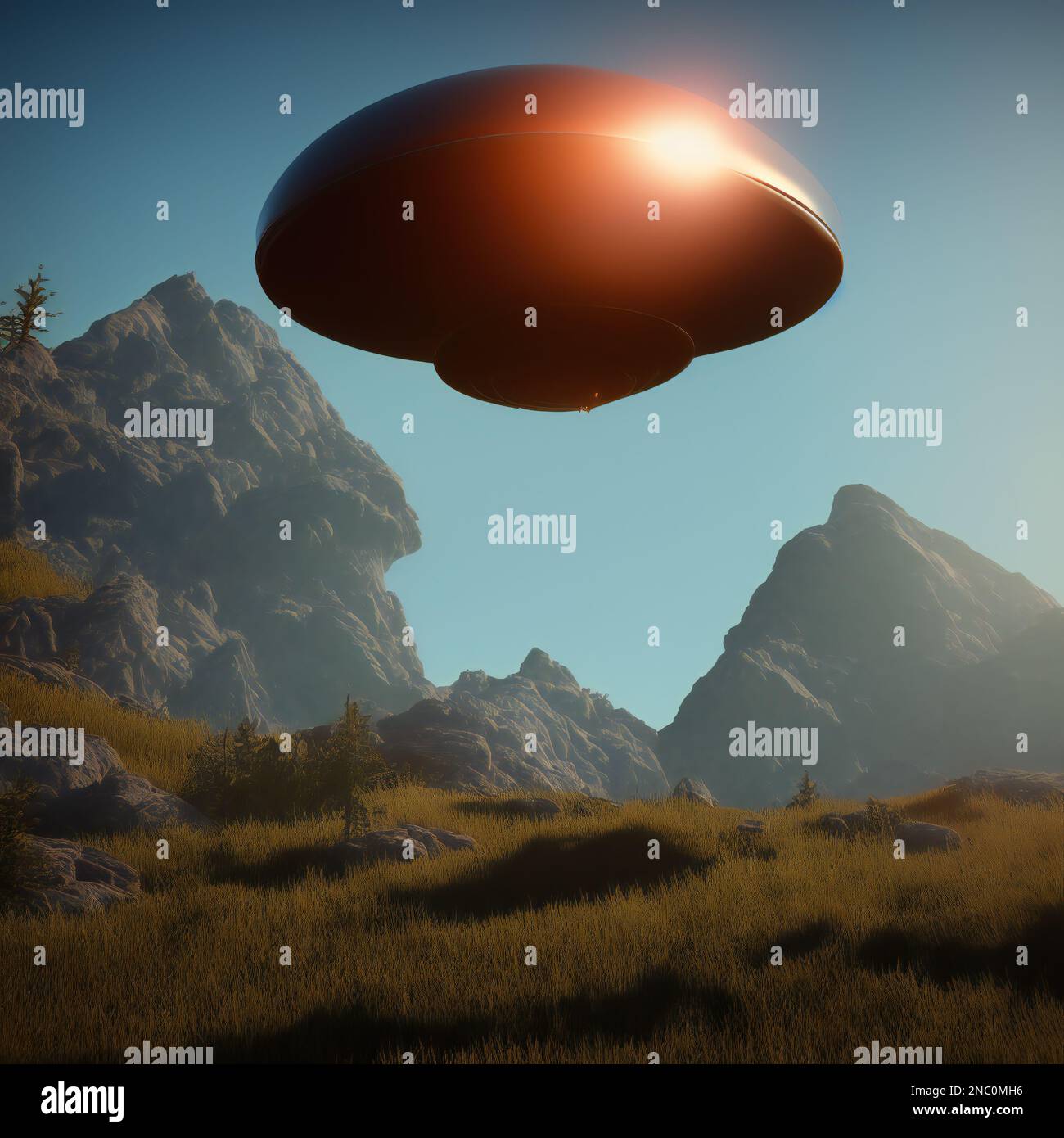 Platillo volador visitando un planeta similar a la Tierra, ilustración Foto de stock