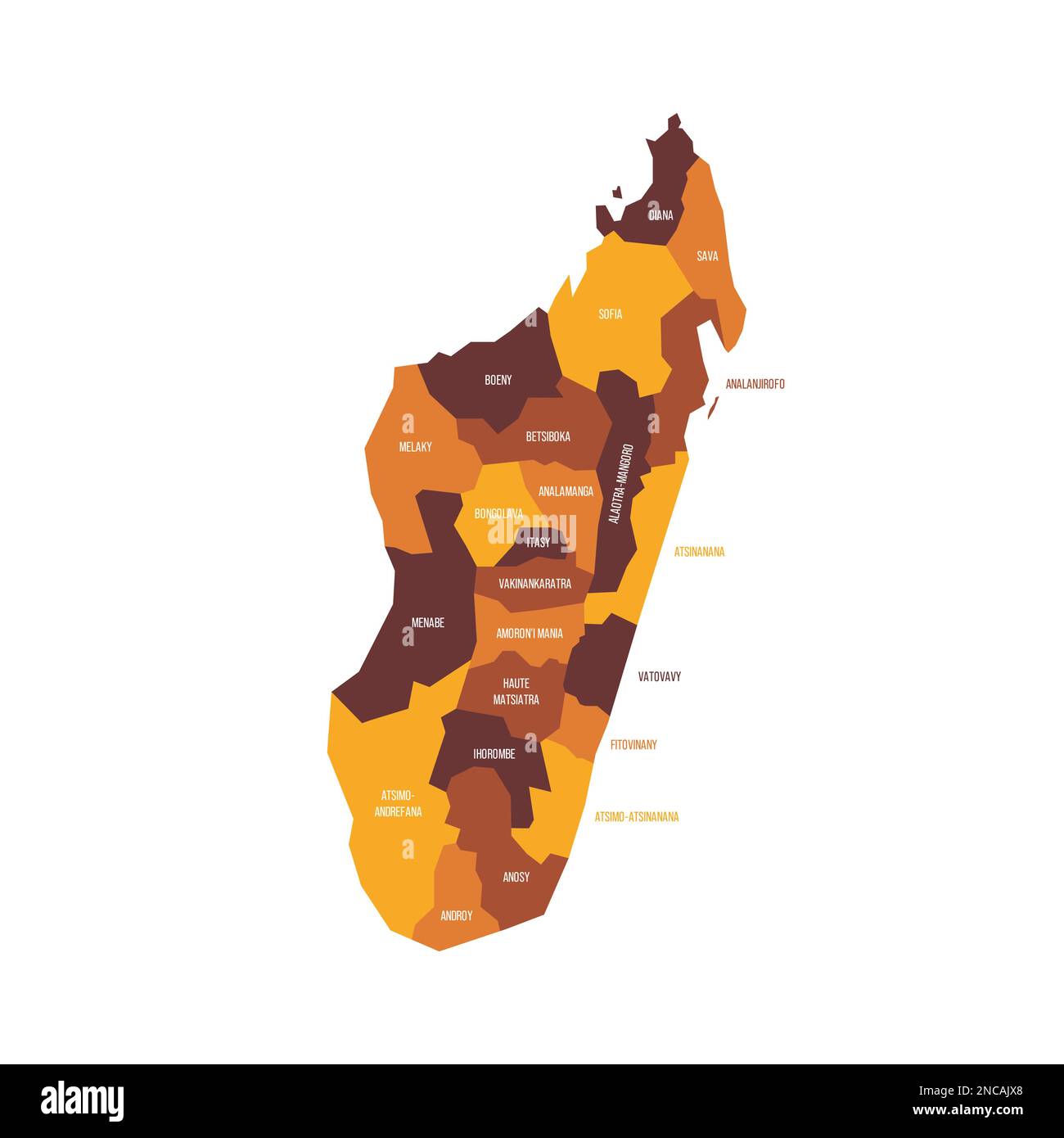 Madagascar Mapa político de las divisiones administrativas regiones. Mapa vectorial plano con
