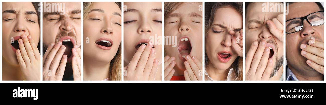Collage con fotos de personas bostezando. Diseño de banner Foto de stock