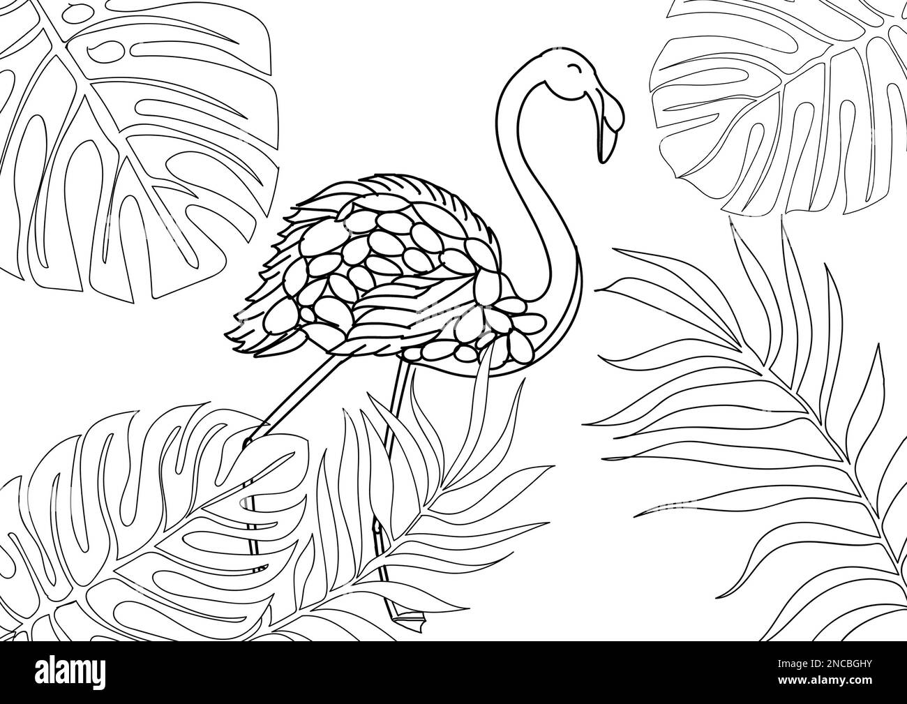 Flamenco y hojas tropicales sobre fondo blanco, ilustración. Página