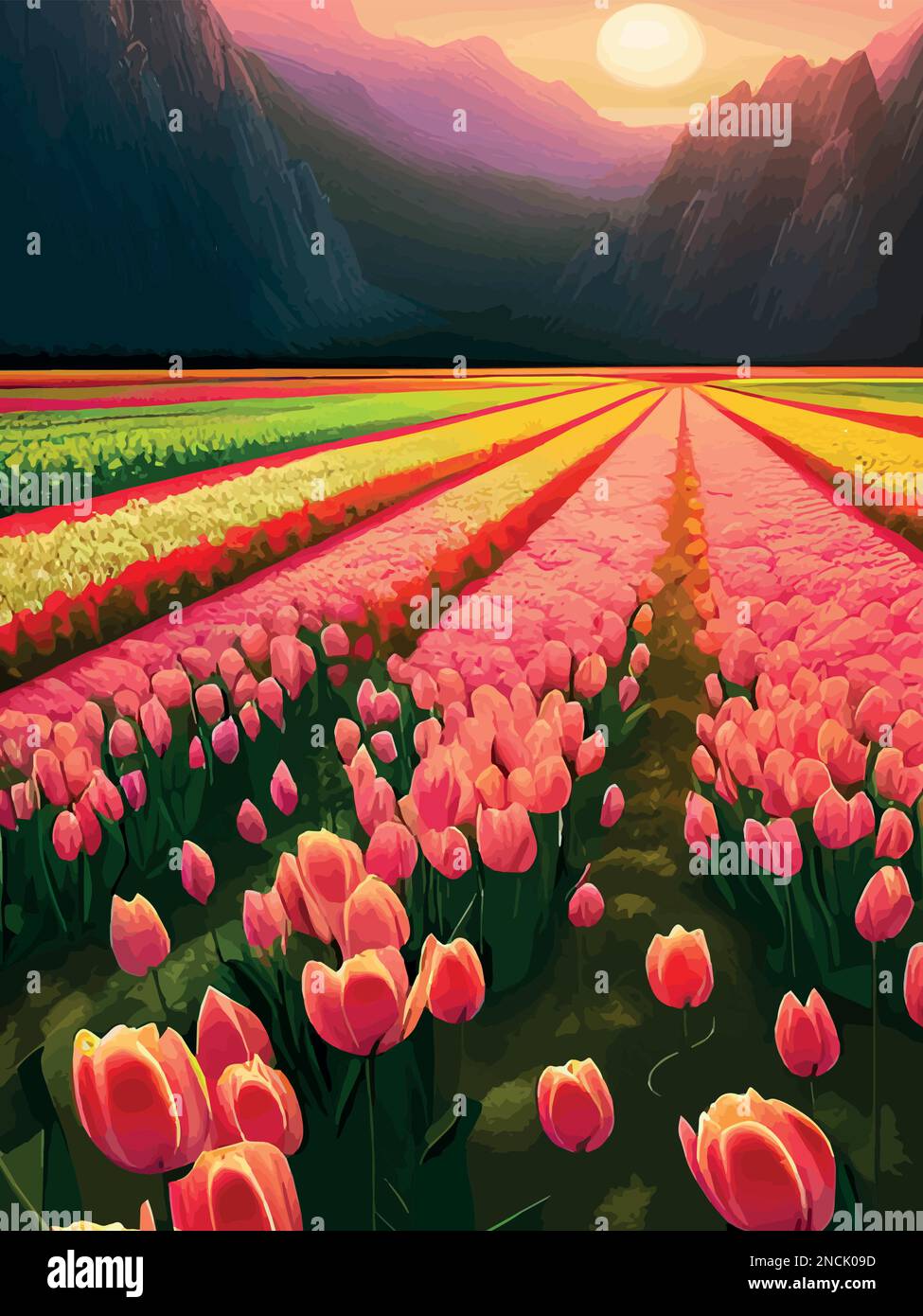 Vector de fondo de primavera. Paisaje holandés con campo de tulipanes,  árboles, colinas, montañas. Floral vertical paisaje cartel de dibujos  animados estilo dibujado a mano. Para carteles, anuncios, fondos de pantalla,  páginas