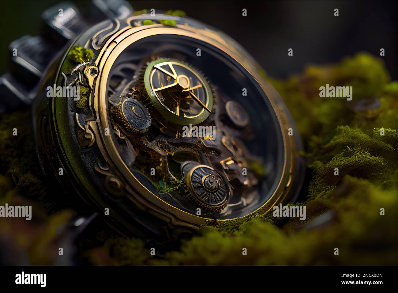 Reloj biomecánico con musgo creciente, tecnología y naturaleza concepto  generativo ai Fotografía de stock - Alamy