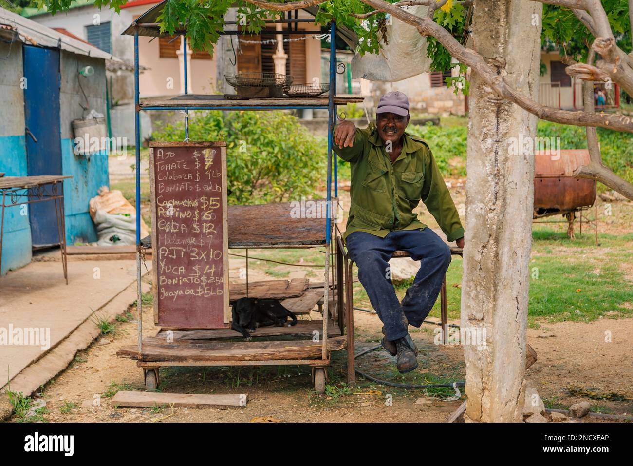 Augusto César Sandino, Artemisa, Cuba. 11th de julio de 2019. Granjero negro más viejo sentado al lado de su puesto de verduras vacío y sonriendo a la cámara. Foto de stock