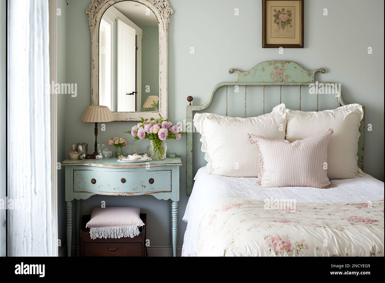 Interior de dormitorio casero ligero, lindo y acogedor con cama, cuadros  rosados y cojines sobre fondo de pared blanco vacío Fotografía de stock -  Alamy