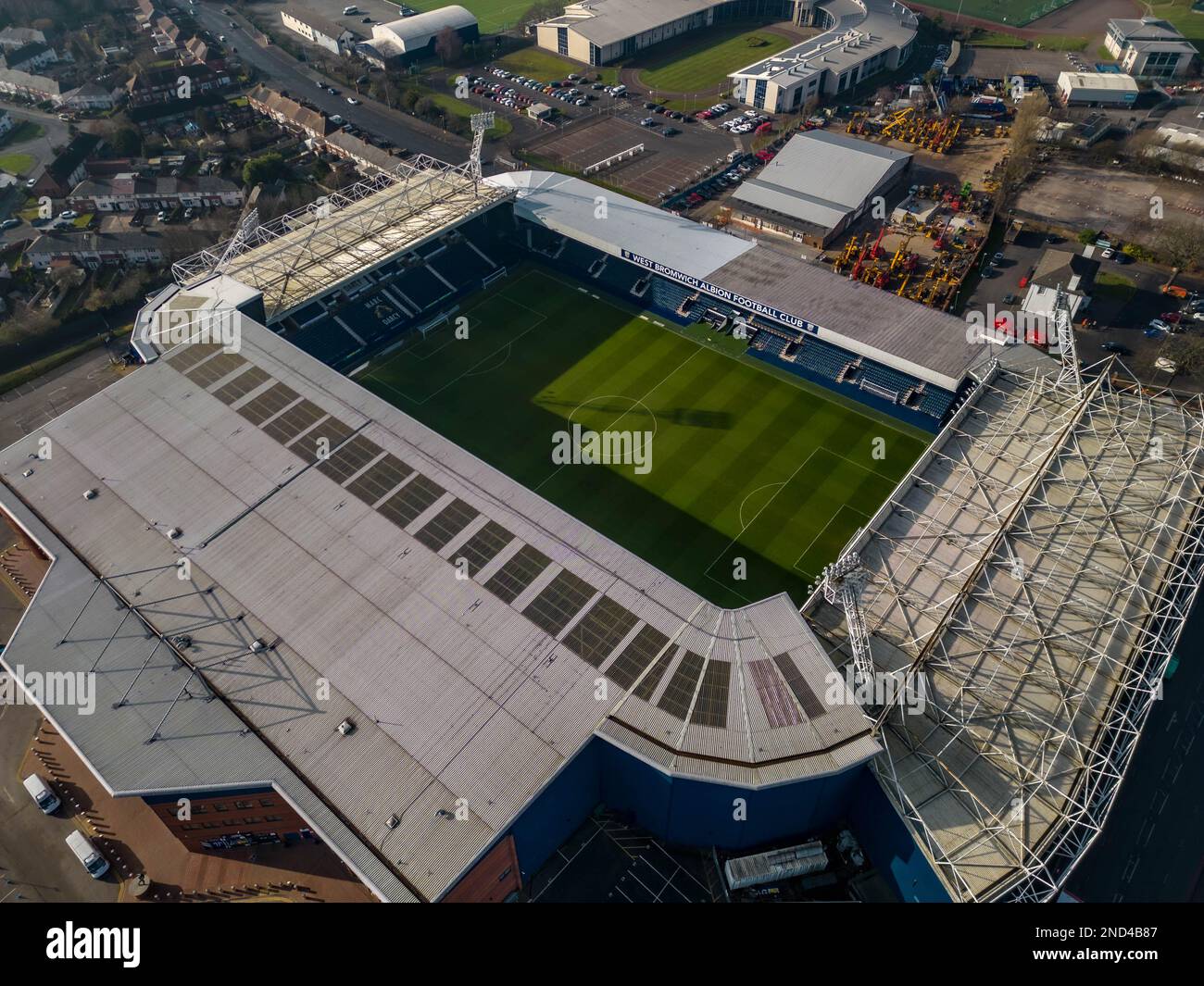 El hogar del club de fútbol West Brom, el Hawthorns Aerial Drone Birds Eye View Foto de stock