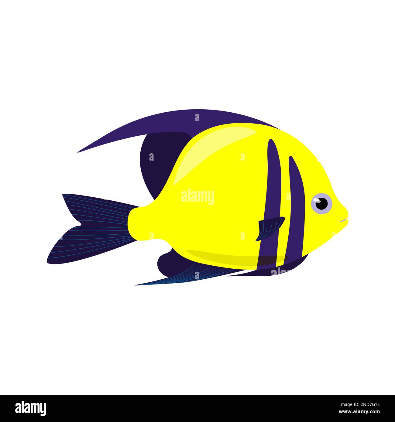 Pescado de mar amarillo decorativo con aletas azules. Vector peces aislados en estilo plano, animales exóticos del mar Ilustración del Vector