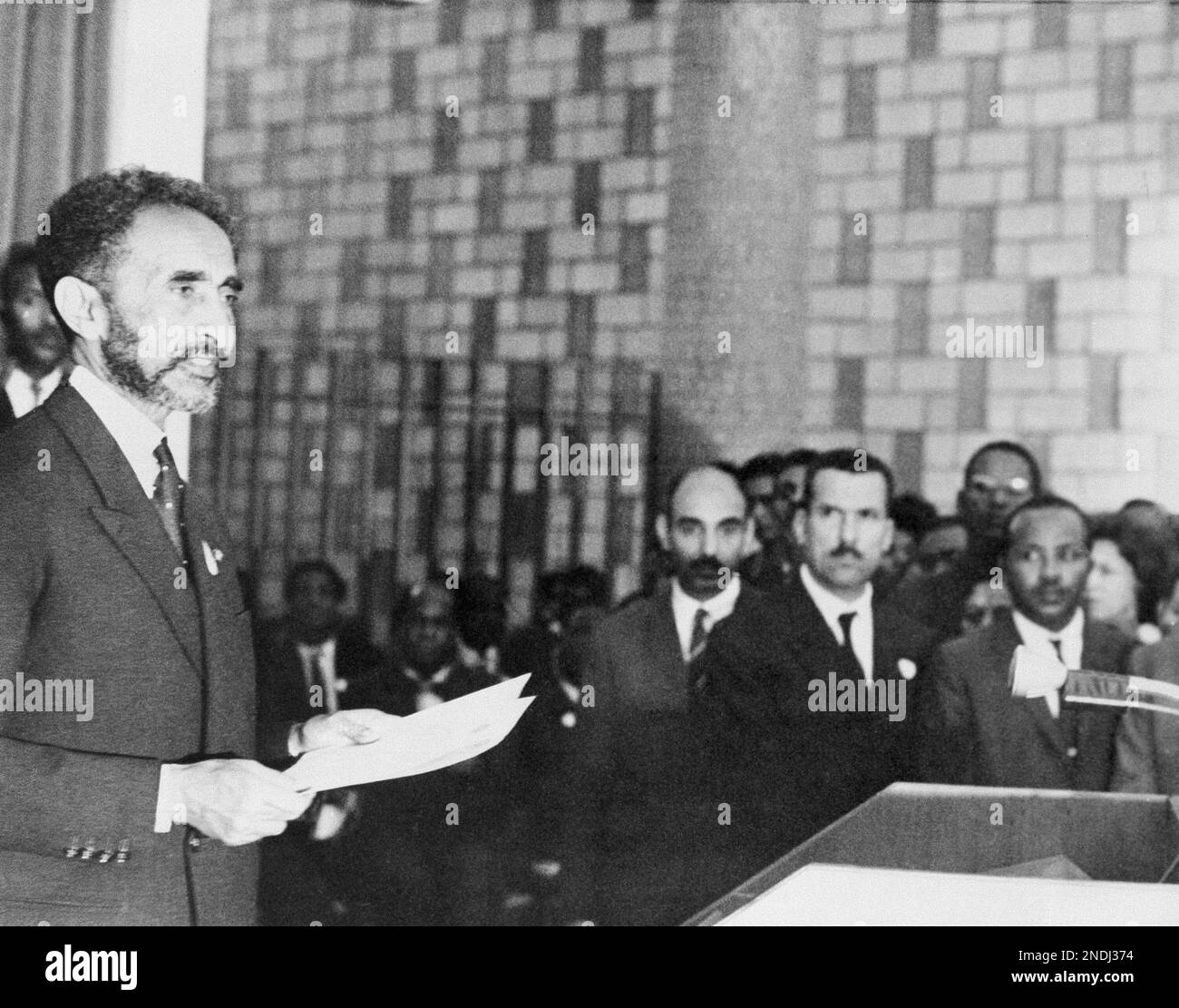 Emperor Haile Selassie of Ethiopia heads the closing speech of the