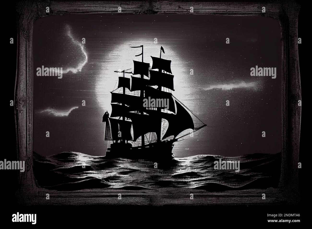 Un grunge velero en el mar nocturno. Barco de vela por la noche con una luna  llena. La silueta de un barco pirata. Renderizado en blanco y negro  illustration.3D Fotografía de stock -