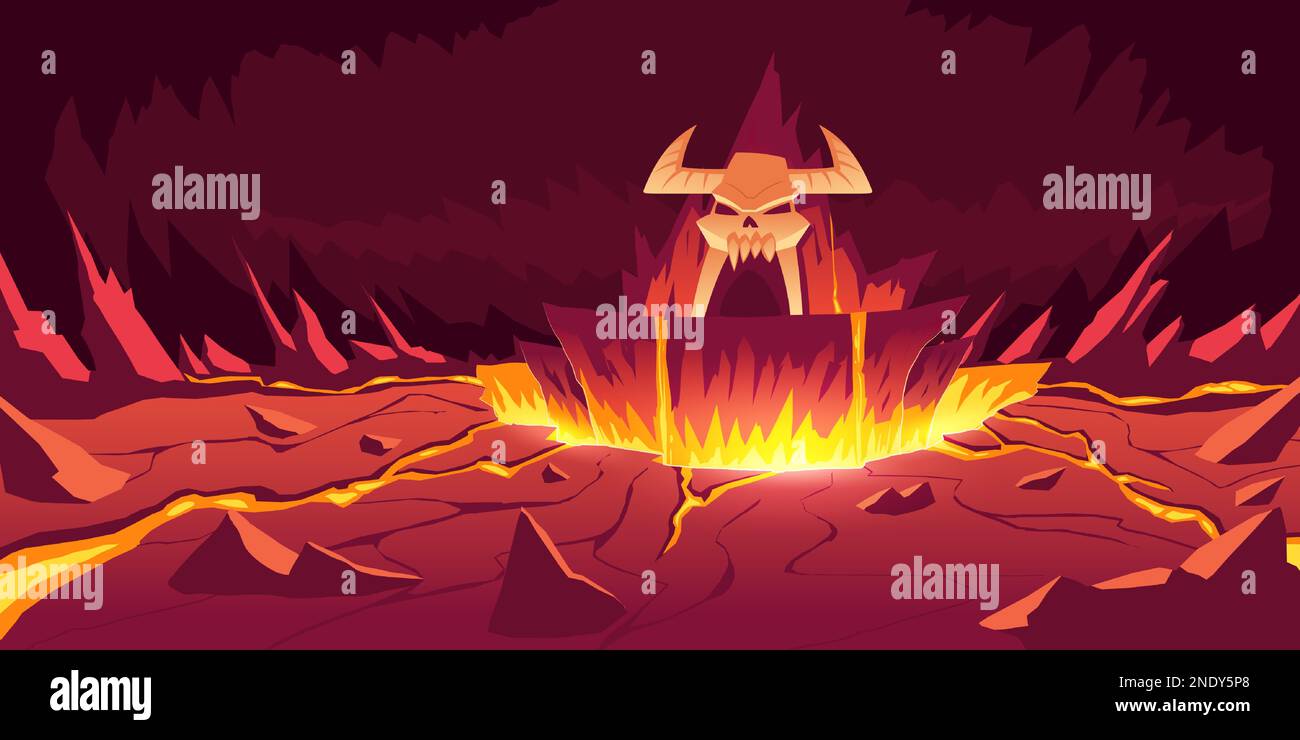 Paisaje del infierno, ilustración vectorial de dibujos animados. Cueva de piedra infernal con rocas calientes agrietadas y volcanes, lava fundida que fluye o fuego líquido y cráneo con cuernos, fondo de juego ardiente Ilustración del Vector