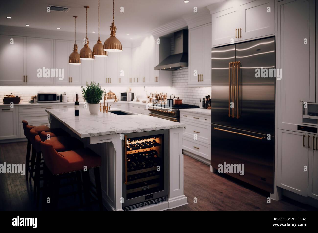 Cocina en nueva casa de lujo con isla de cascada de cuarzo, pisos de  madera, gabinetes de madera oscura y electrodomésticos de acero inoxidable  Fotografía de stock - Alamy