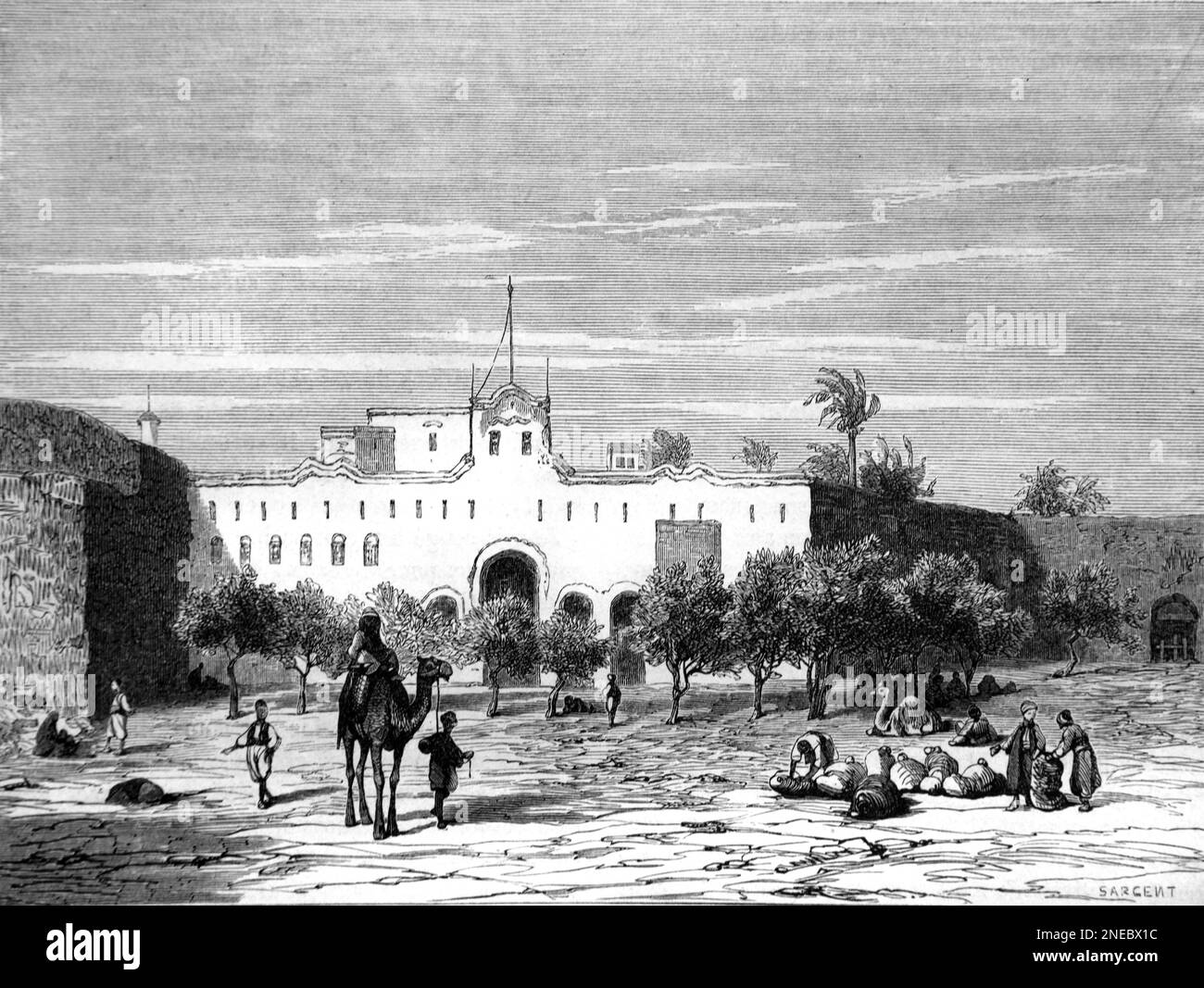 Edificio colonial británico, fuerte o fortaleza, en la Place de la Mudirie o Murdirie Square Khartoum Sudán. Grabado vintage o ilustración 1862 Foto de stock