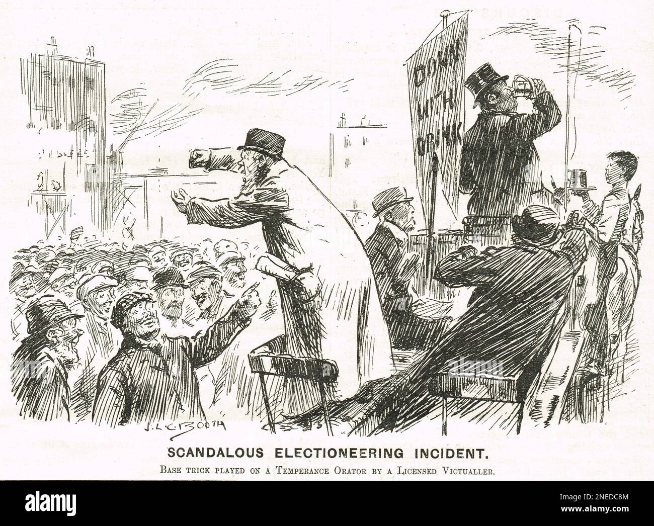 Escandaloso incidente electoral. 1908 Dibujo animado de John Lionel Calvert Booth mostrando a un orador de temperancia dirigiéndose a una multitud mientras detrás de su bandera - diciendo con bebida - un publicano está tomando una bebida. Descrito como un truco de base en un orador de temperancia por un victualer con licencia. Foto de stock