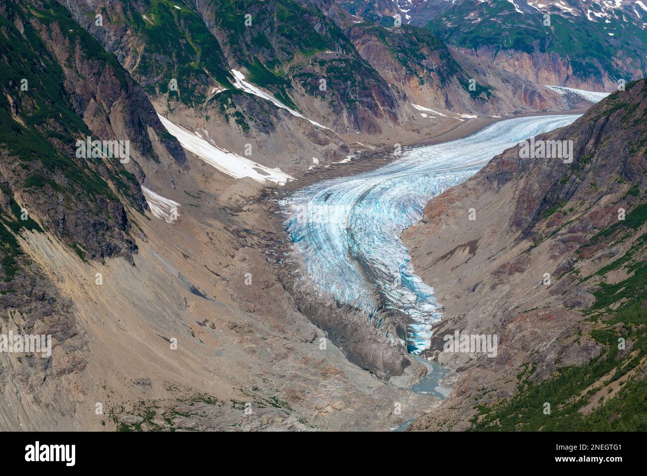 Lengua glaciar en un valle erosionado del glaciar Salmon, Columbia Británica, Canadá. Foto de stock