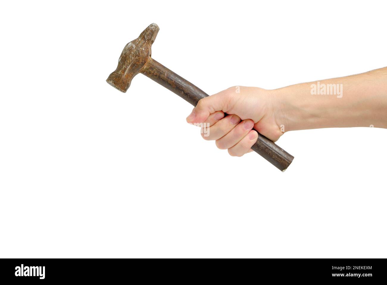 Martillo de metal en fondo blanco de la mano, concepto para el Día del  Trabajo primero de mayo Fotografía de stock - Alamy