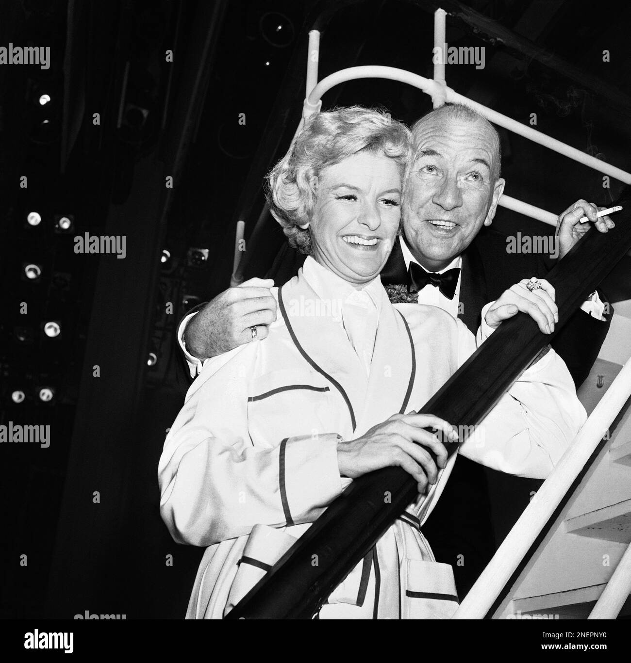 Noel Coward poses with actress Elaine Stritch backstage at New York?s