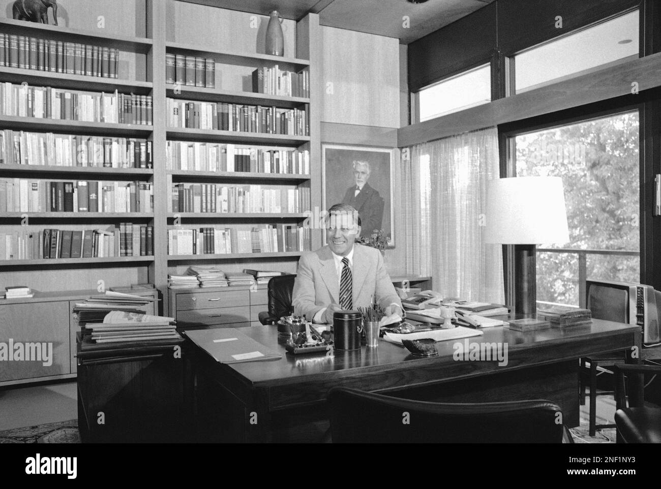 West German Chancellor Helmut Schmidt is pictured in his working room at the new Bon Chancellory