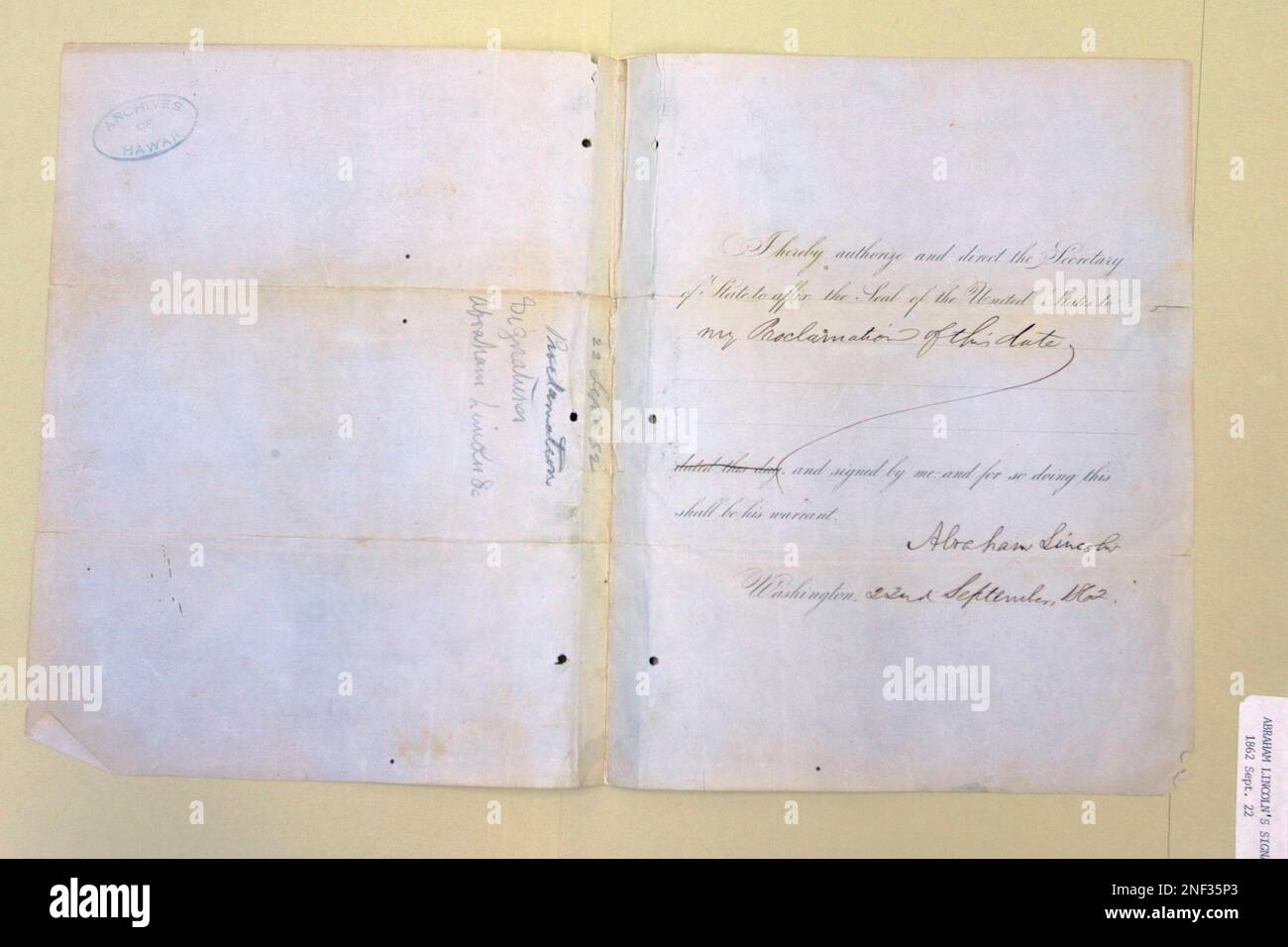 A rare onepage document signed by President Abraham Lincoln concerning
