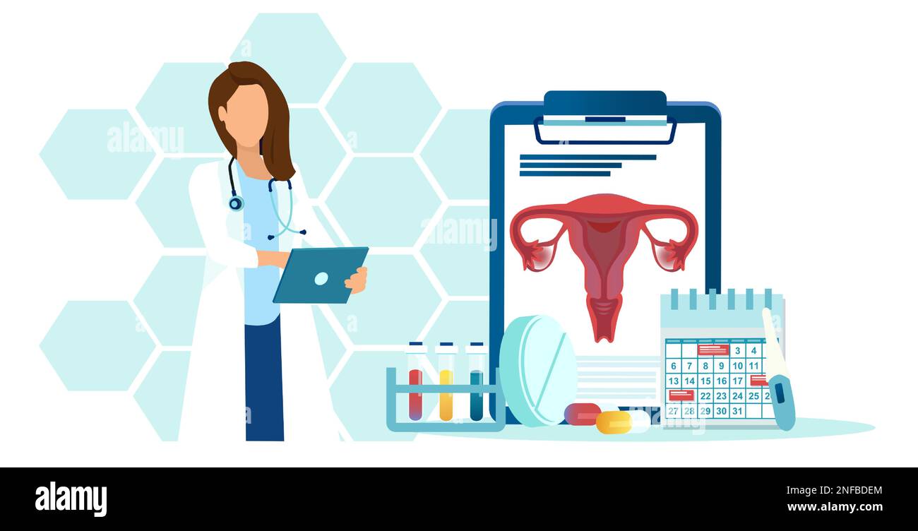 Vector de un ginecólogo médico que da al paciente una consulta. Concepto de salud femenina y sistema reproductivo Ilustración del Vector