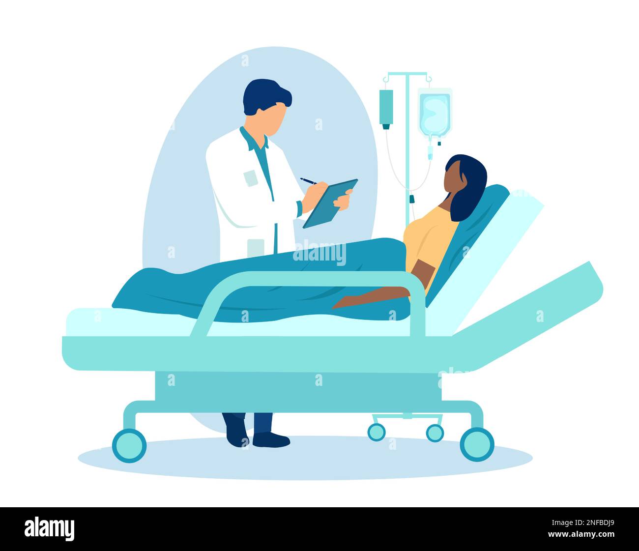 Vector de un médico que revisa a un paciente femenino acostado en la cama con gotero durante el tratamiento en la clínica Ilustración del Vector