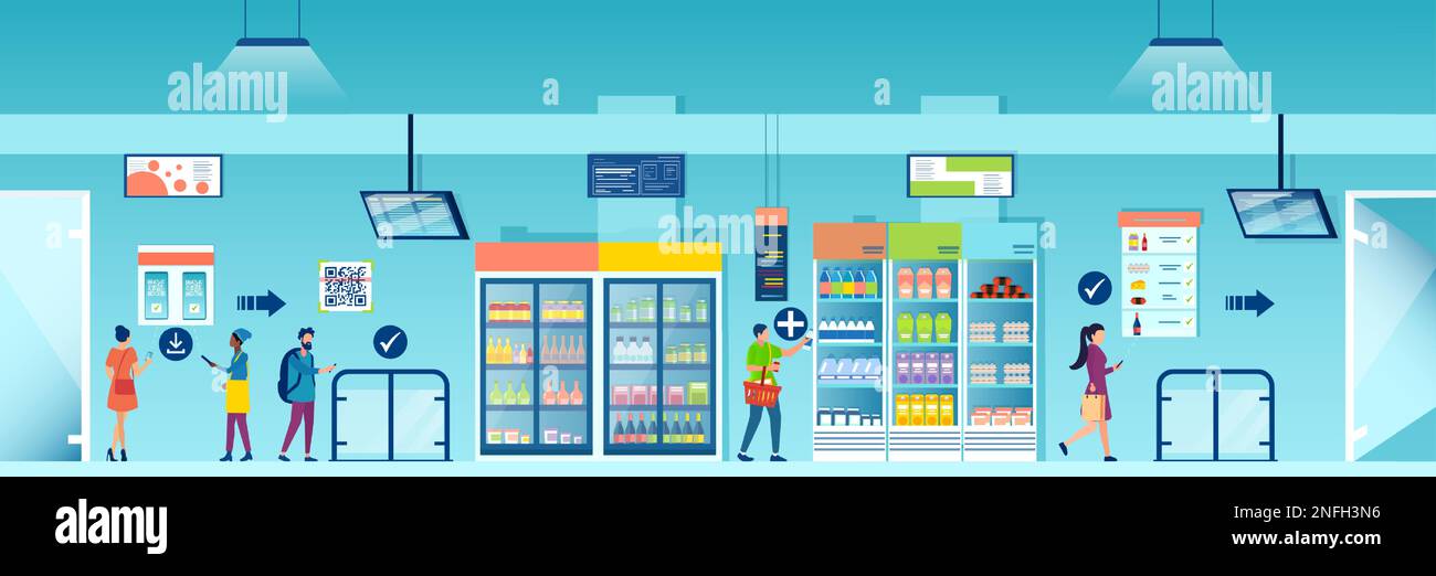 Vector de personas que compran en la tienda de comestibles o de conveniencia de IA totalmente automatizada utilizando la aplicación móvil para acceder, comprar artículos y pagar Ilustración del Vector