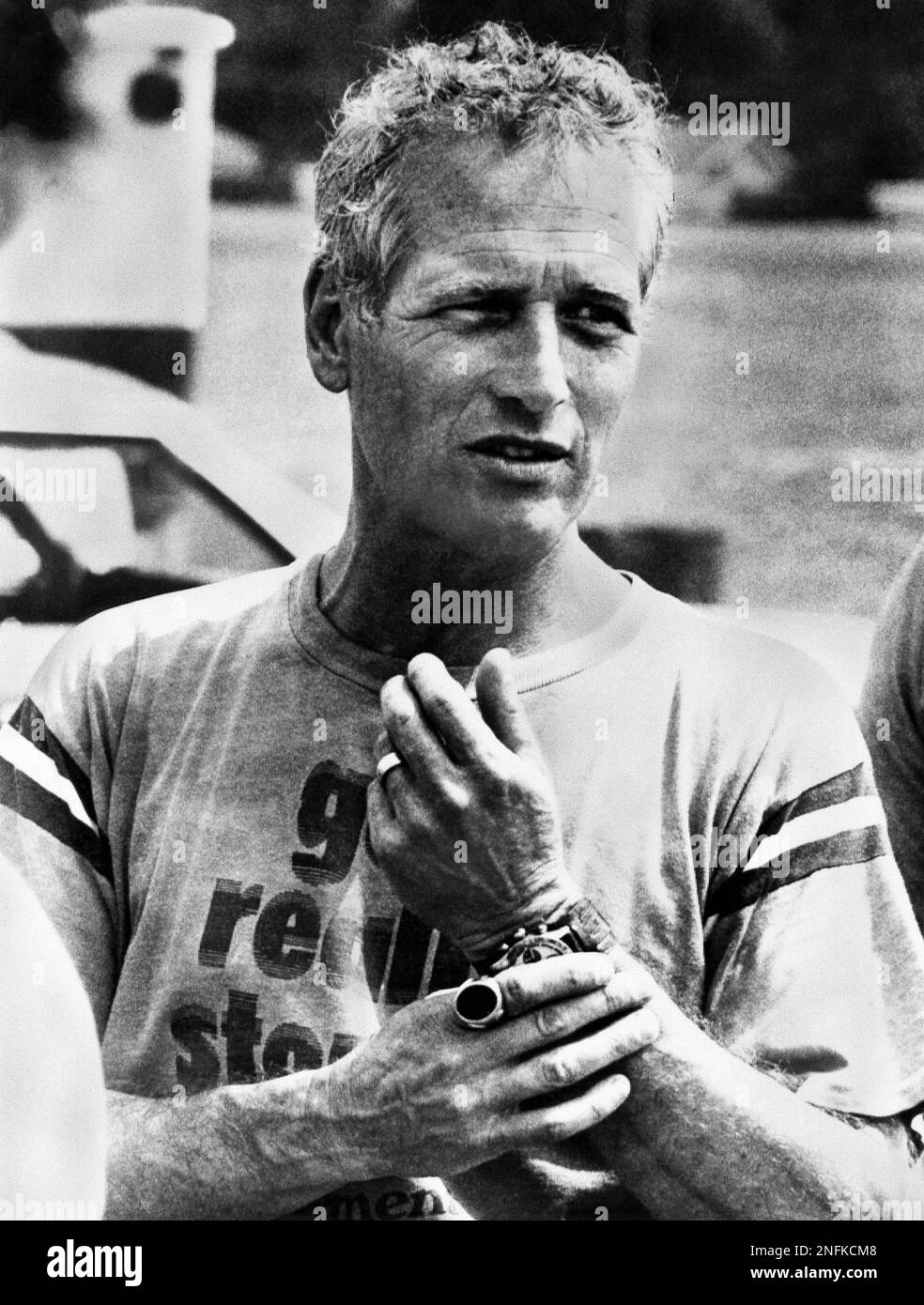 Actor Paul Newman looks over Stafford Speedway where he drove a