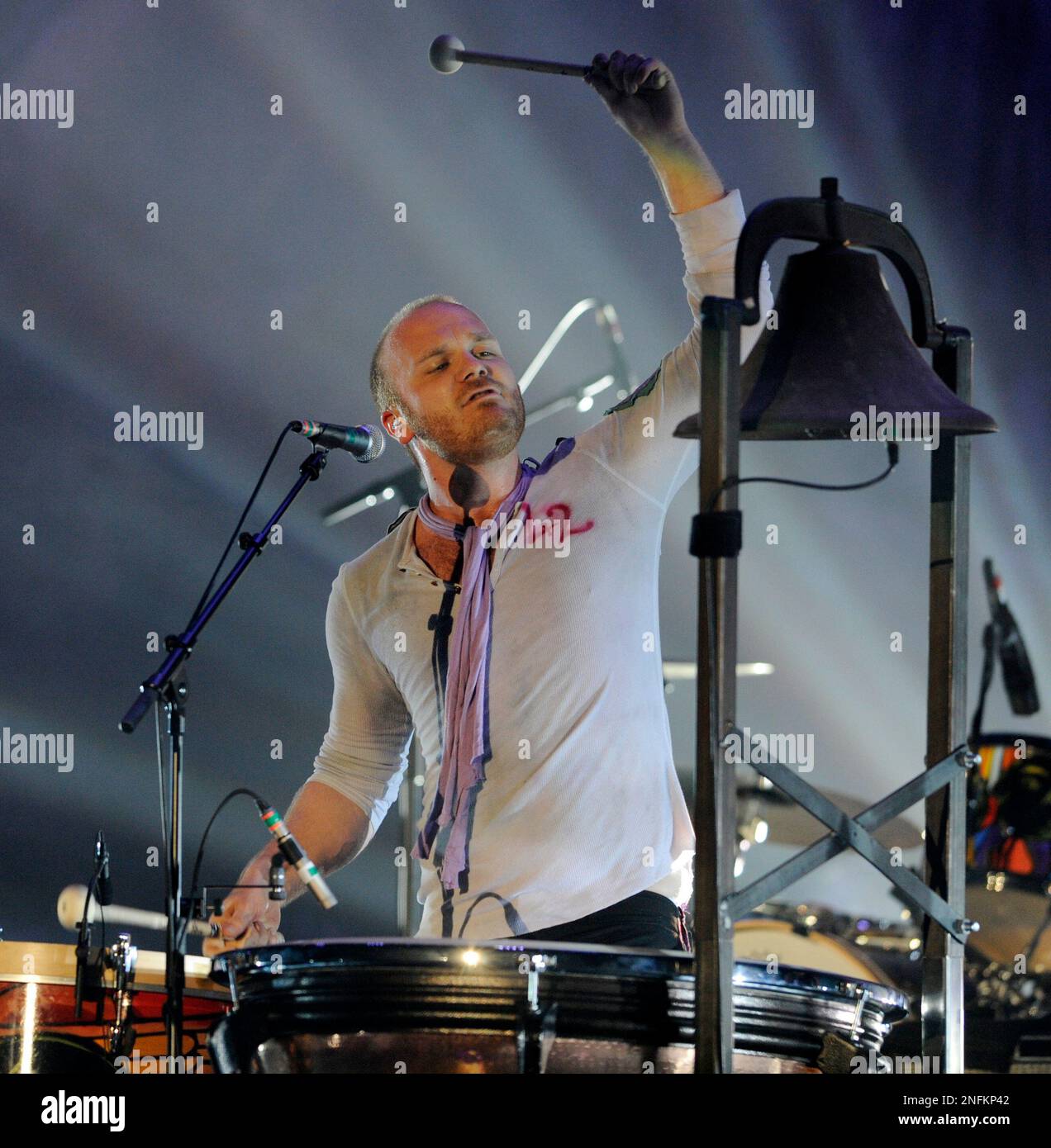 Will Champion of Coldplay, performs during the band's Music of the Spheres  world tour on Thursday, May 12, 2022, at State Farm Stadium in Glendale,  Ariz. (Photo by Rick Scuteri/Invision/AP Stock Photo 