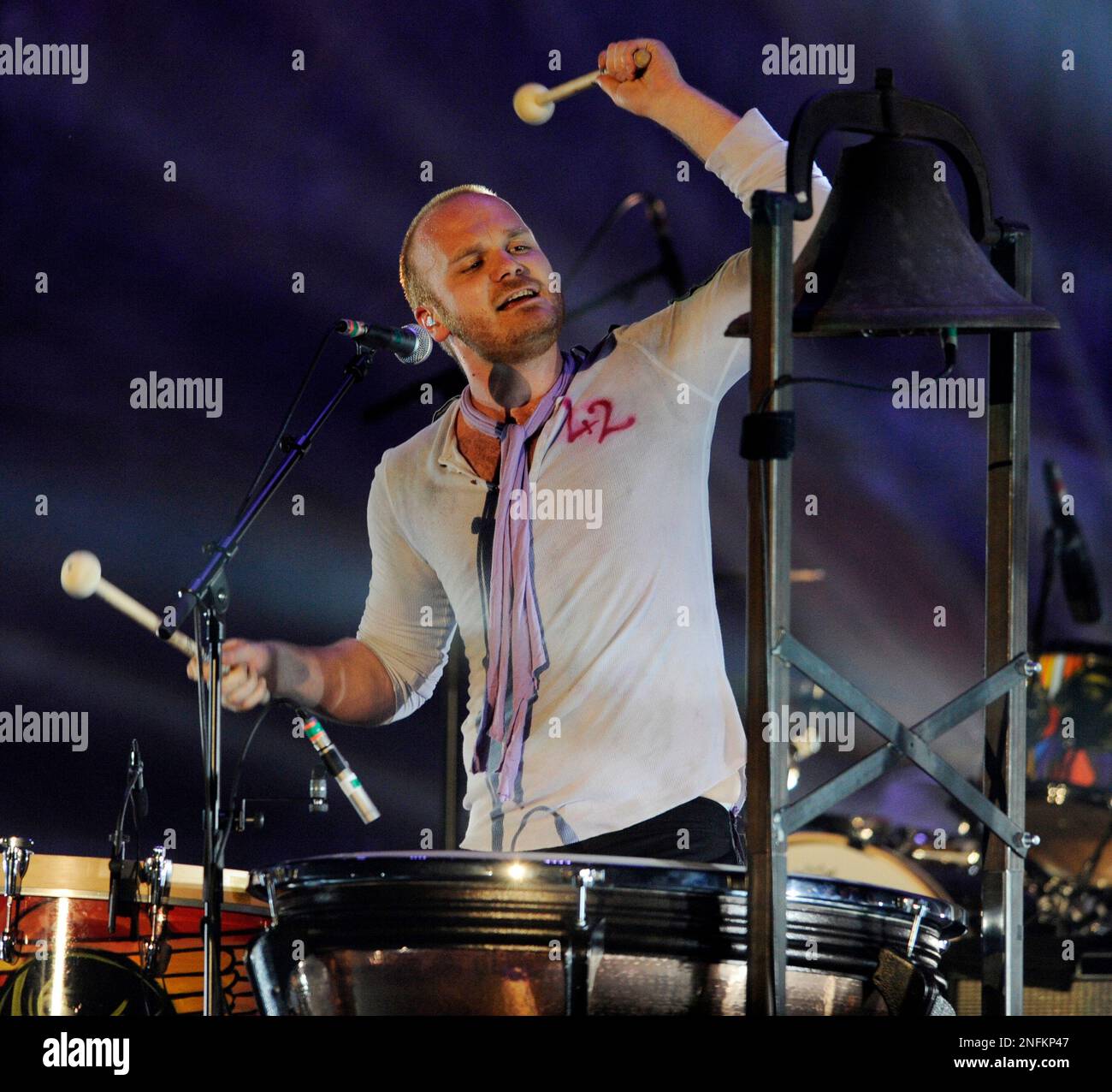 Will Champion of Coldplay, performs during the band's Music of the Spheres  world tour on Thursday, May 12, 2022, at State Farm Stadium in Glendale,  Ariz. (Photo by Rick Scuteri/Invision/AP Stock Photo 