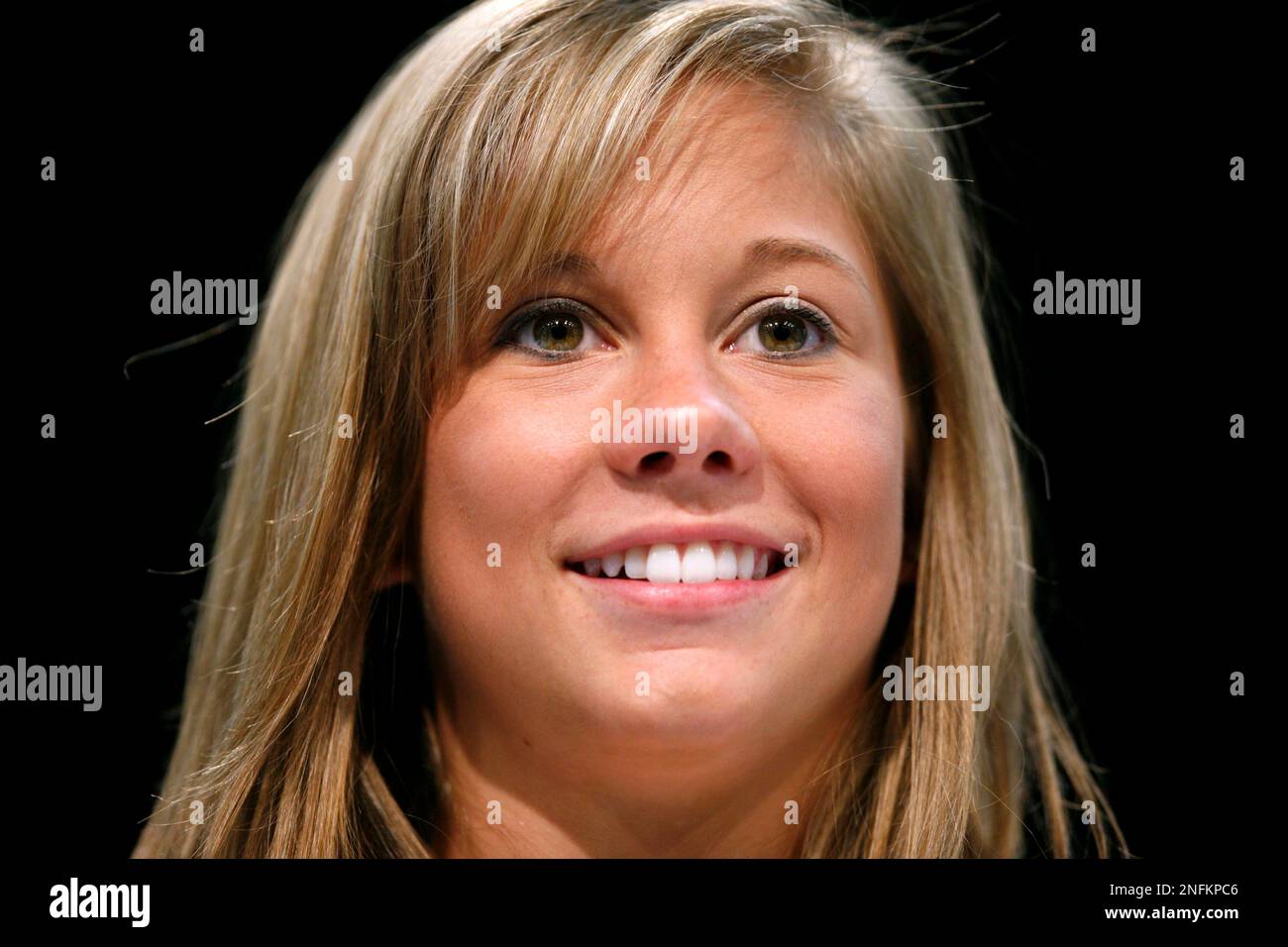 Gymnast Shawn Johnson, of West Des Moines, Iowa, smiles during an