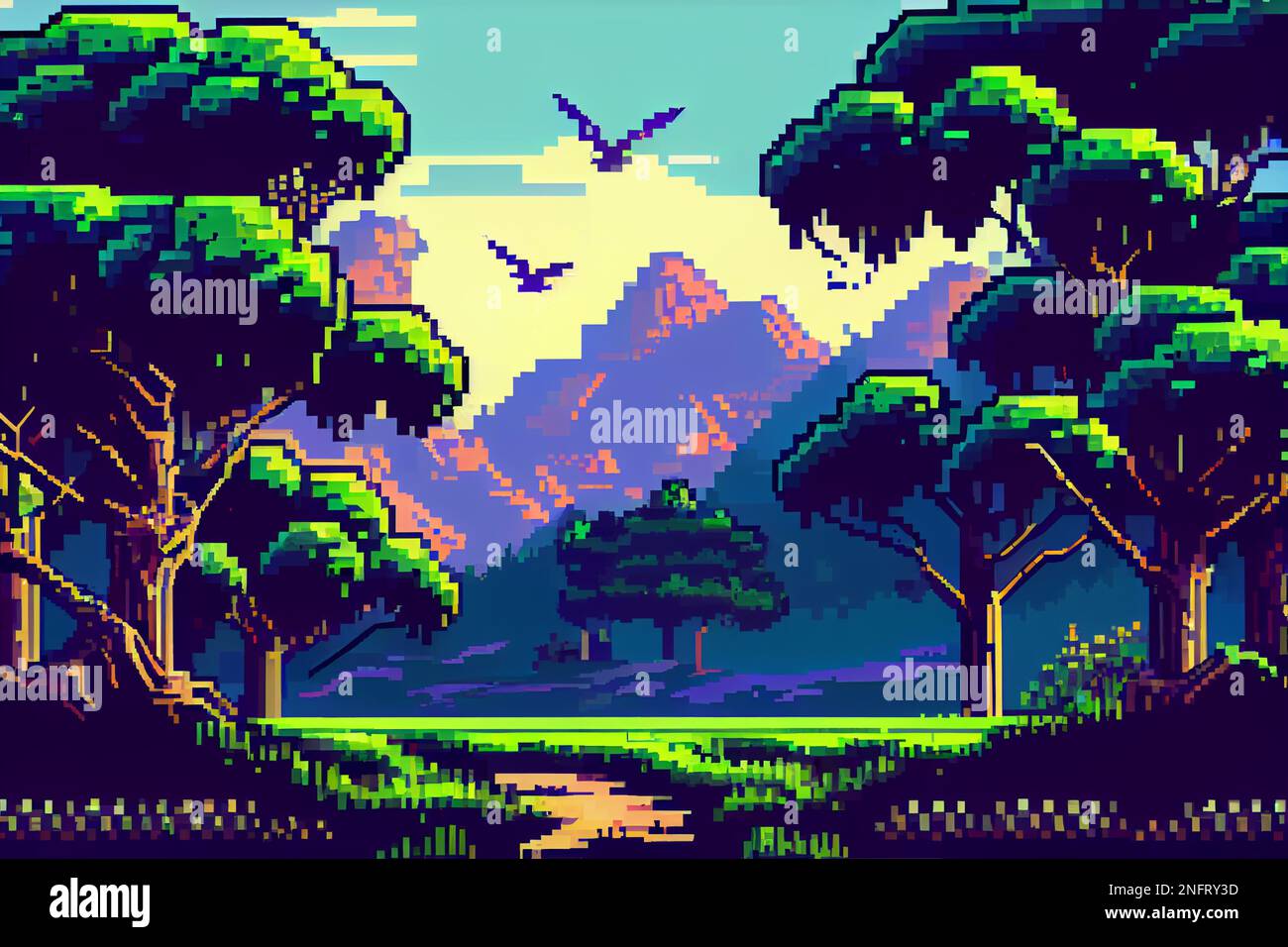Paisaje de fondo de videojuego con montañas y bosques en píxeles de 16