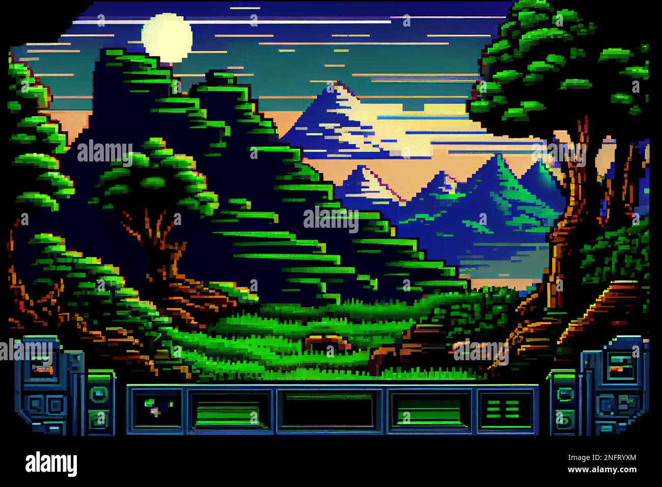 Paisaje de fondo de videojuego con montañas y bosques en píxeles de 16