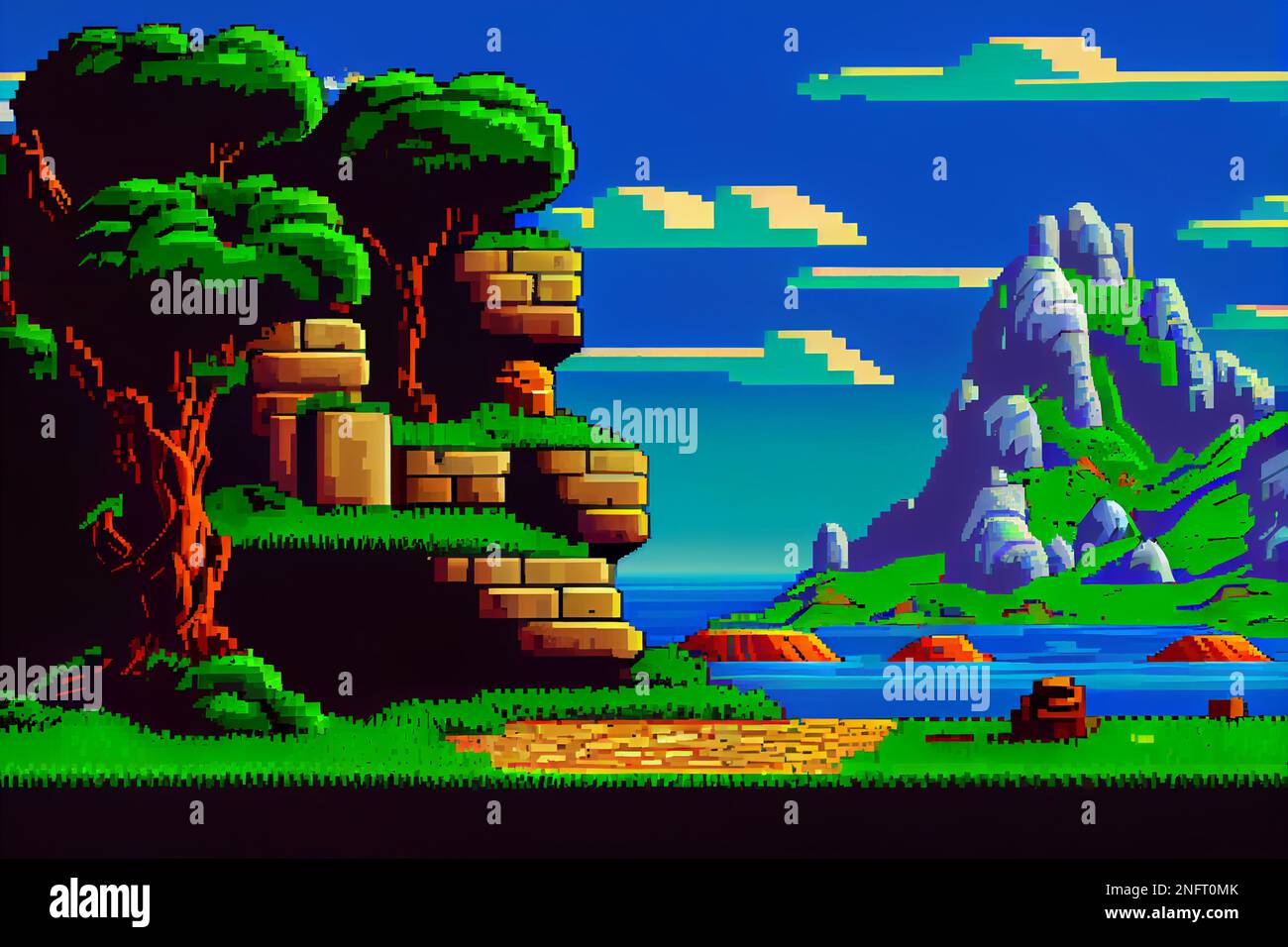 Paisaje de fondo de videojuego con montañas y bosques en píxeles de 16