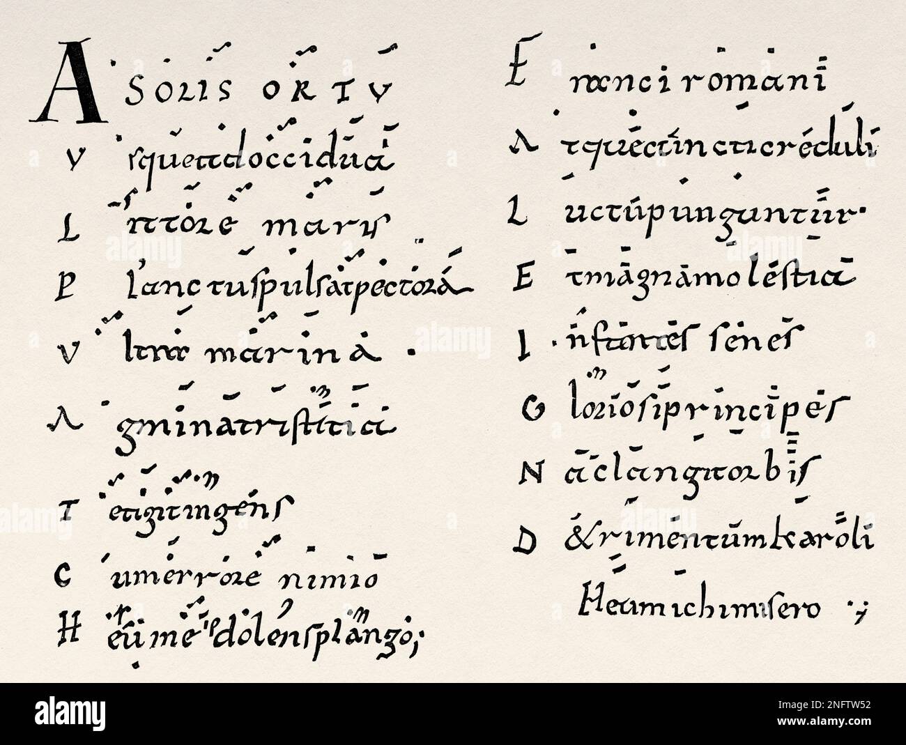 Lamento escrito sobre la muerte de Carlomagno en 814 usando notación de  Neumes de los siglos 7th a 11th, atribuido al abad Colombán de Saint-Trond.  Las artes de la Edad Media y