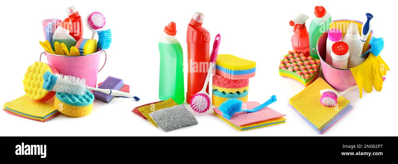 Colección de detergentes de limpieza del hogar aislados sobre fondo blanco. Foto de stock
