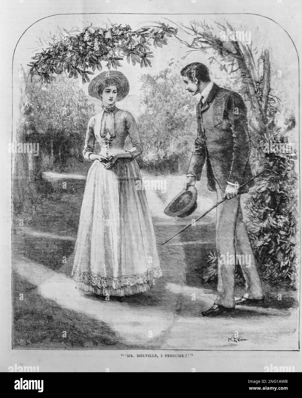 Un bosquejo del siglo 19th de una joven pareja, de pie aparte, la mujer mirando aprensiva, “Sr. Melville, supongo?” Del Papel de Niñas Propias de 1888. Foto de stock