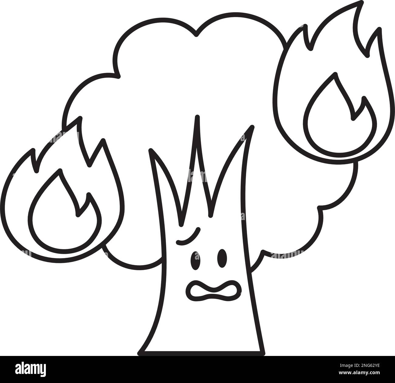 Personaje de árbol ardiendo en el fuego forestal. Dibujo de línea en