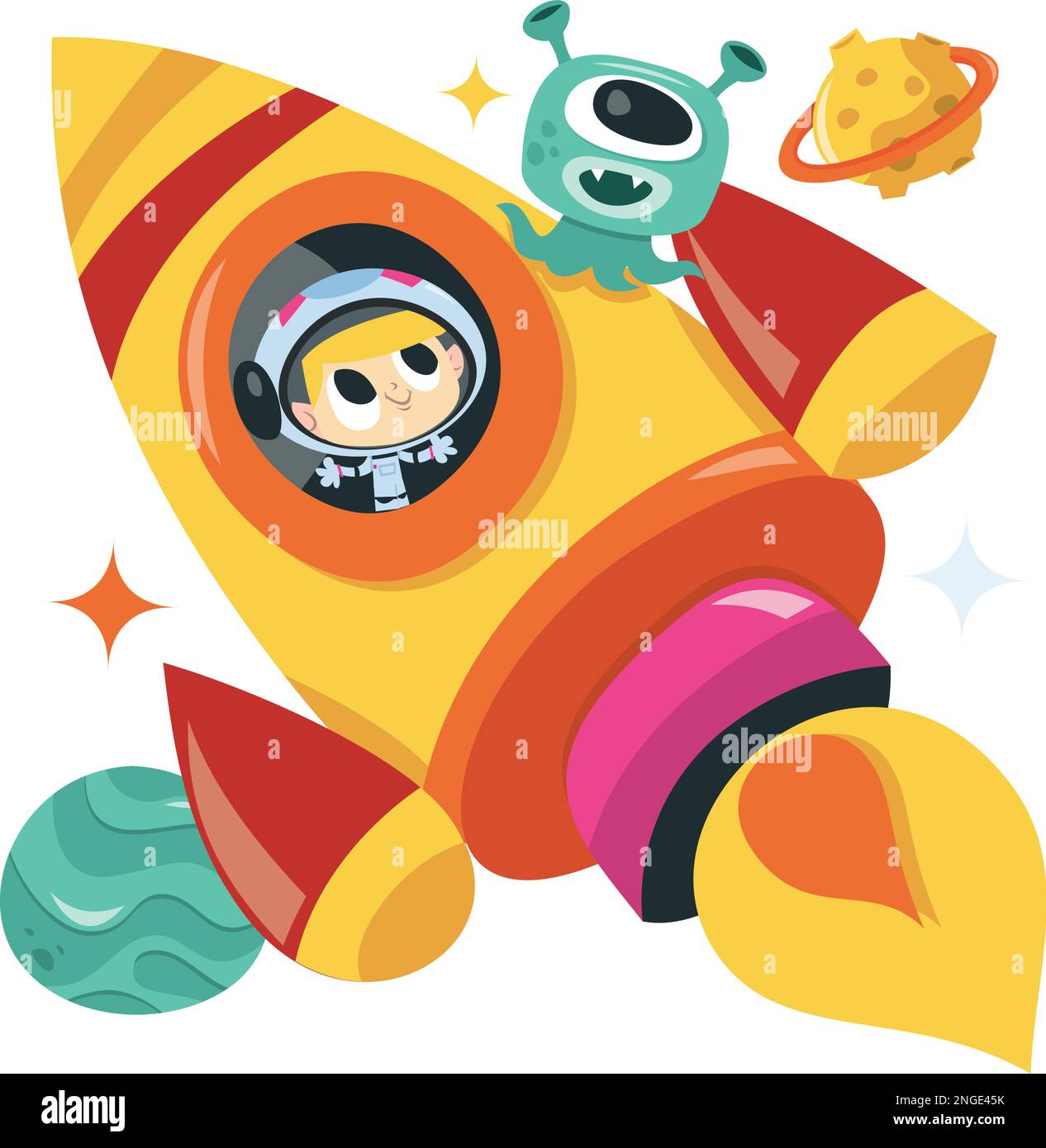 Una ilustración vectorial de dibujos animados de un niño astronauta súper  lindo en cohete espacial grande Imagen Vector de stock - Alamy