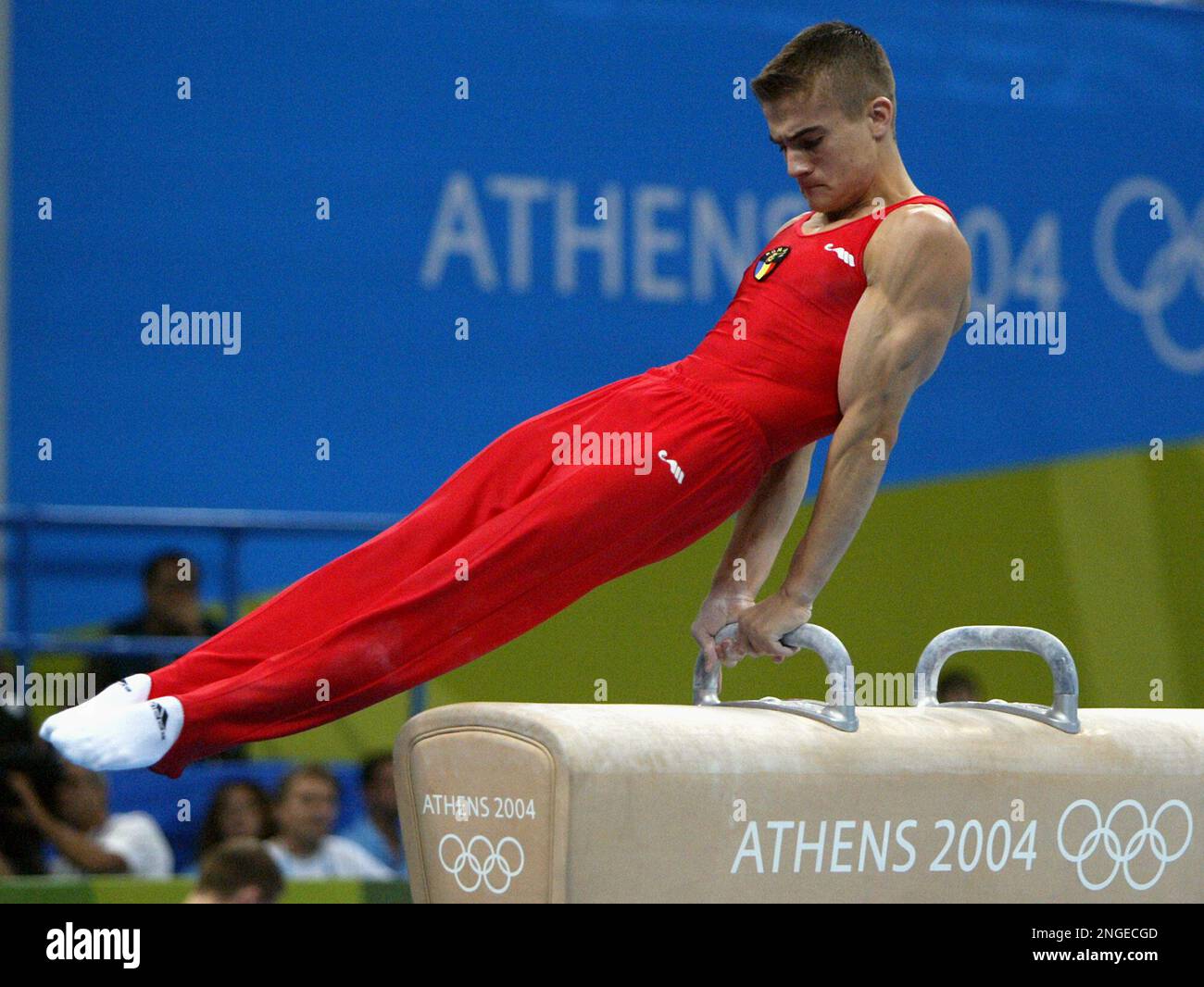 Romania's Ilie Daniel Popescu competes on the pommel horse during the