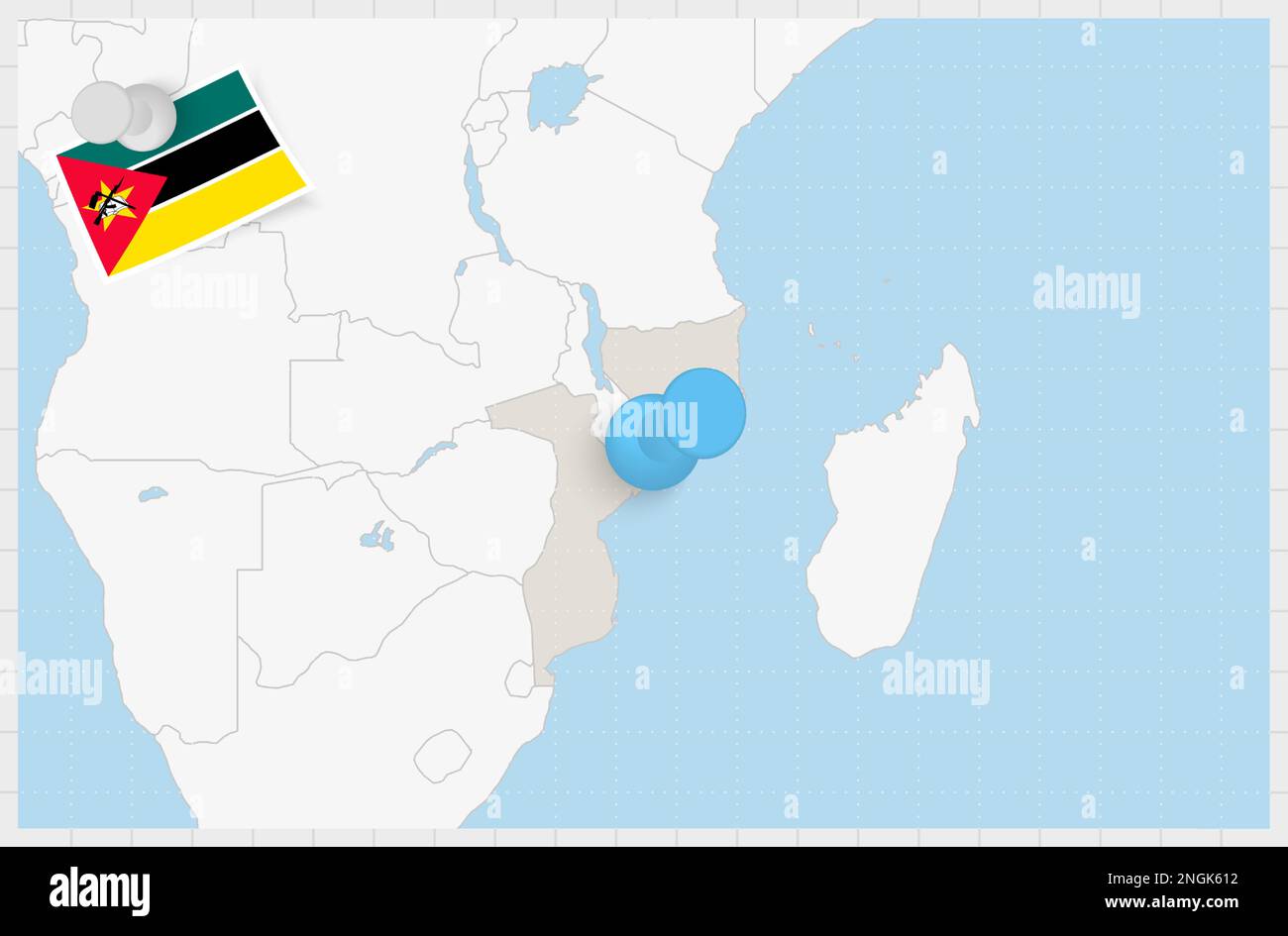Mapa de Mozambique con un pin azul. Bandera fijada de Mozambique, ilustración vectorial. Ilustración del Vector