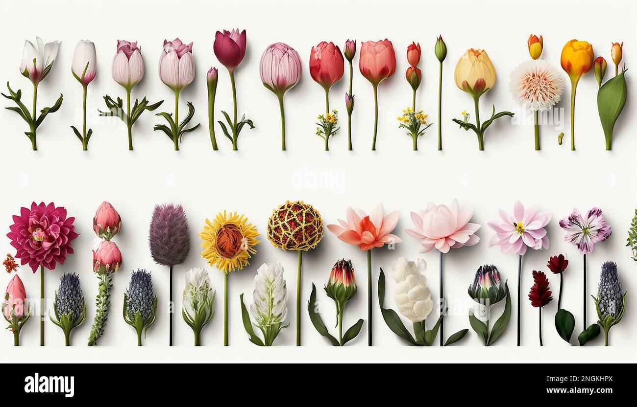 diferentes flores sobre fondo blanco, cortadas, en una fila, concepto de flores, ai generativo Fotografía de stock - Alamy diferentes flores sobre fondo blanco, cortadas, en una fila, concepto de flores, ai generativo Fotografía de stock - Alamy