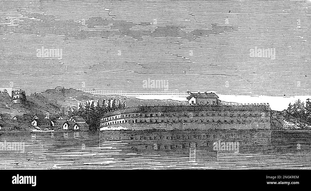 Fortaleza de Bomarsund en el siglo 19th; Ubicación de la Batalla de Bomarsund durante la Guerra de Aland de 1854; Ilustración en blanco y negro Foto de stock