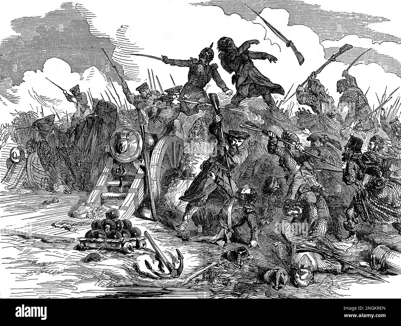 Ataque a las trincheras inglesas por las fuerzas rusas durante la Guerra de Crimea; Ilustración en blanco y negro del siglo 19th Foto de stock