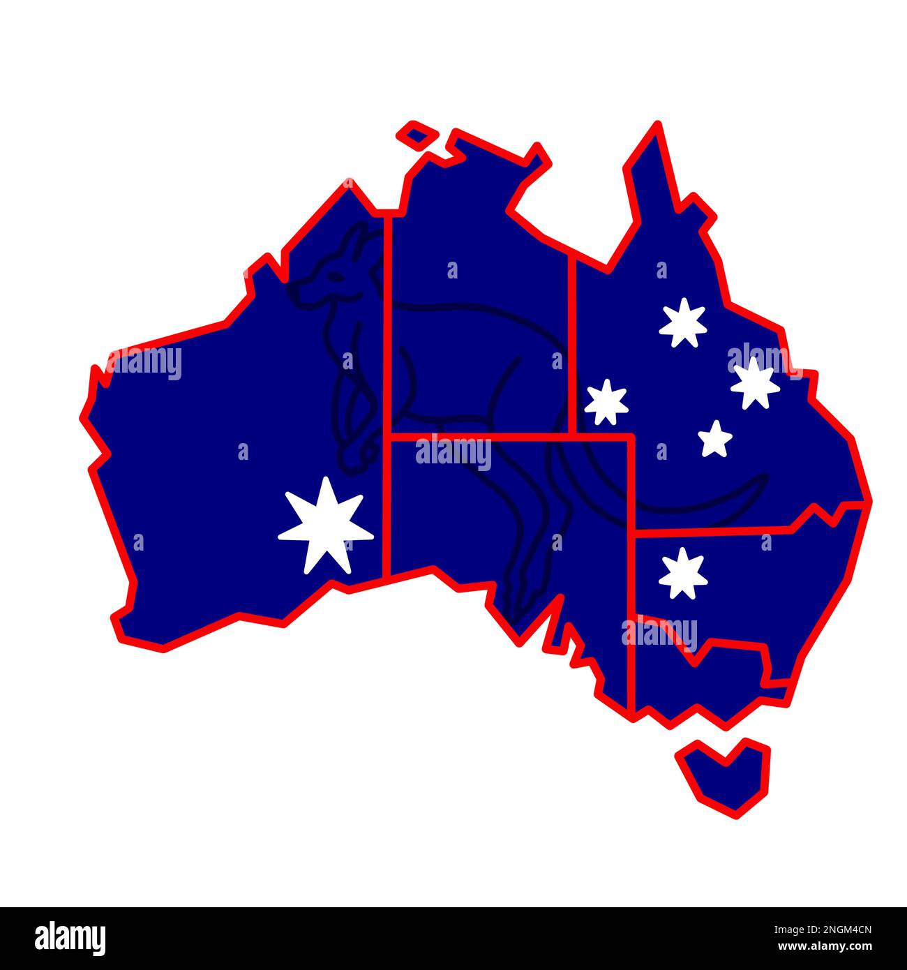 Mapa de Australia en colores de bandera australiana con ilustración de animales canguros Foto de stock